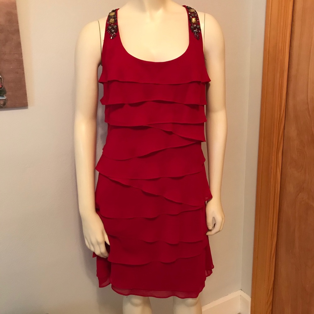 Tiered dress, beaded detail on shoulder straps.